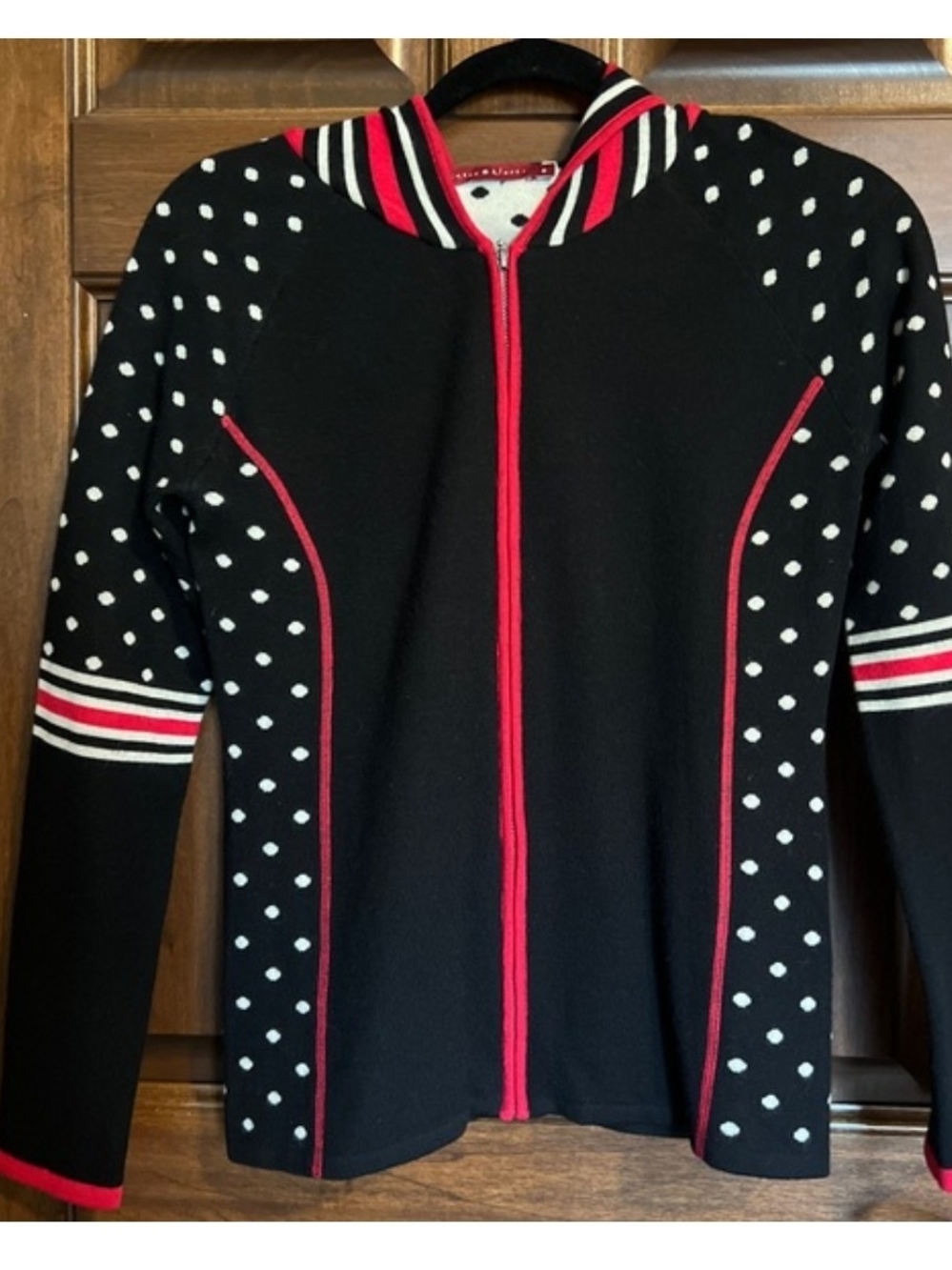Krimson Klover Black and Red Polka-Dot Zip Hoodie Cardigan, Size S